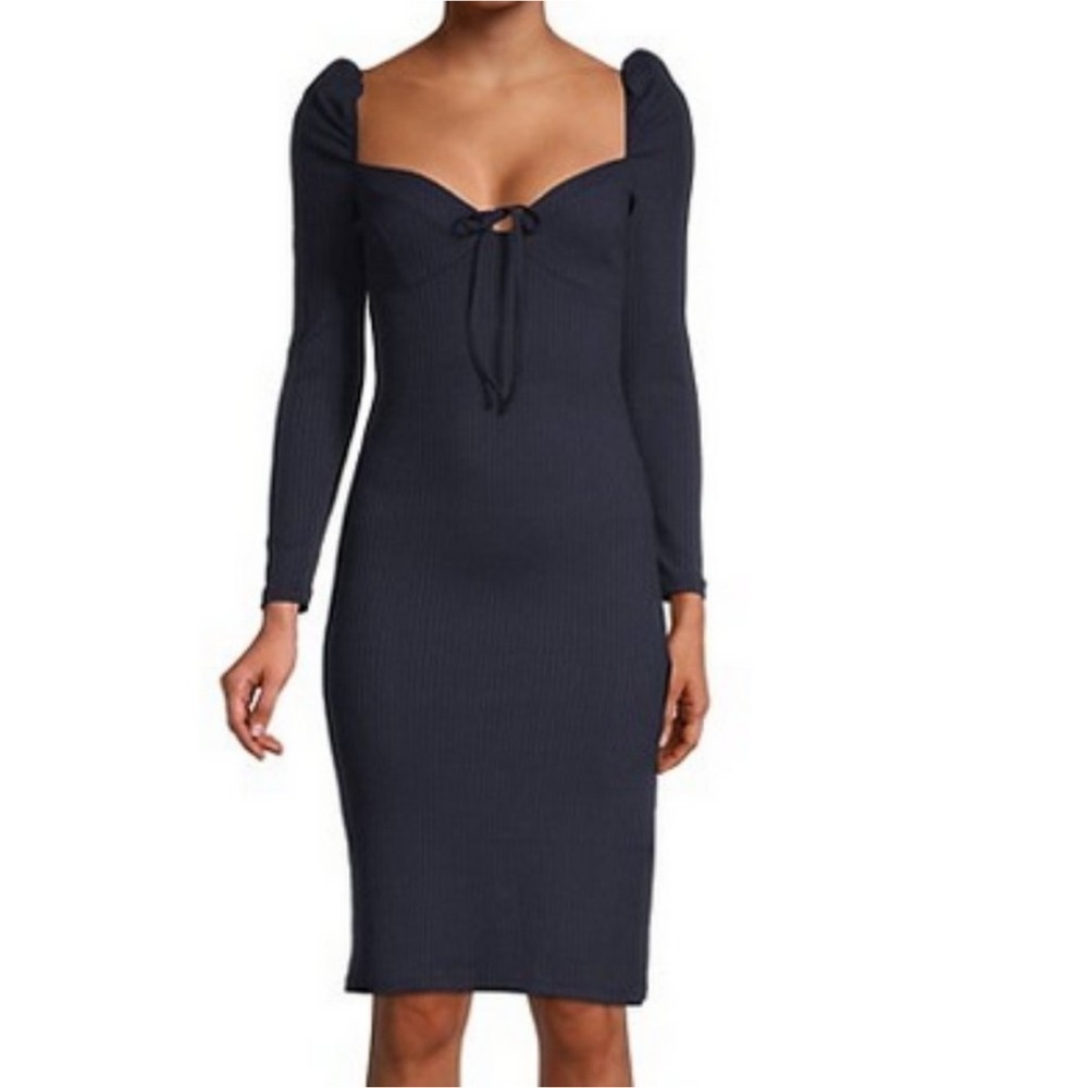 NWT Avec Les Filles Navy Ribbed Puff Sleeve Midi Dress Dark Coqette Romantic